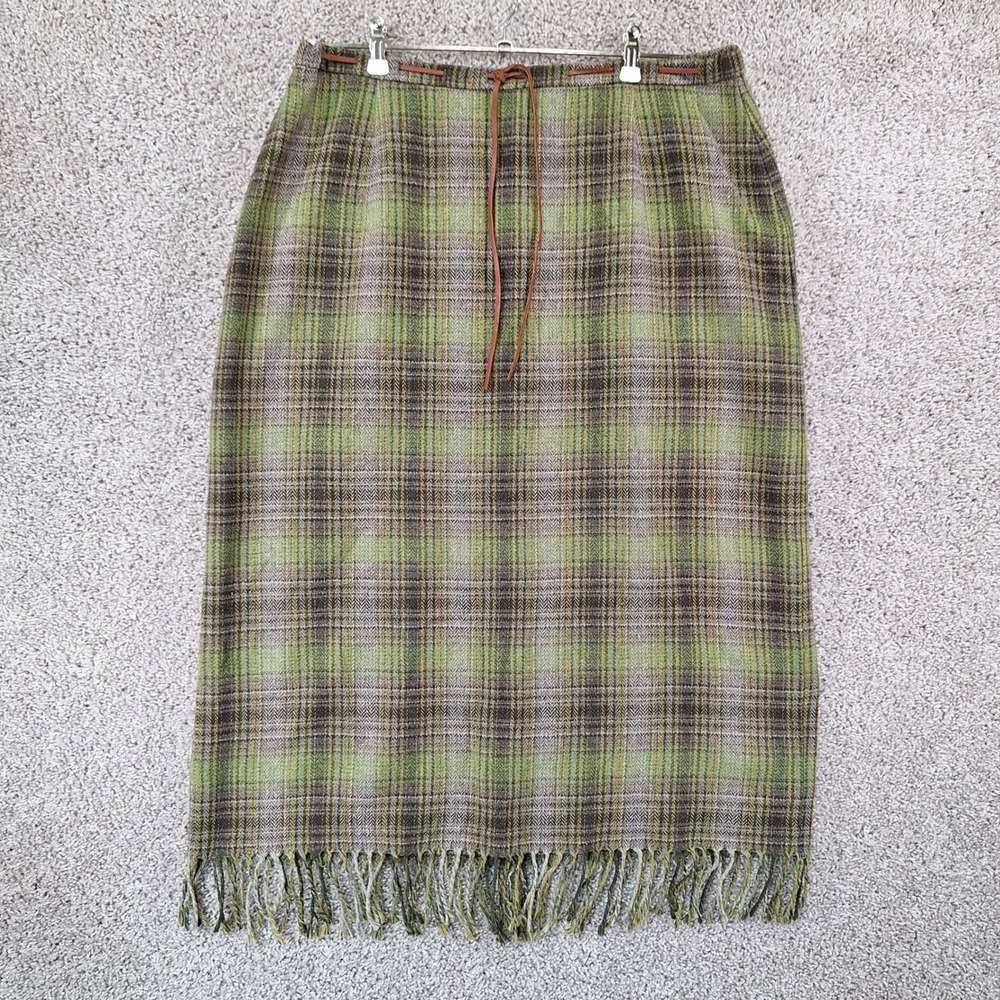 Avenue Skirt Women 16 Green Plaid Wool Blend Fringe Hem Midi Cottagecore Vintage